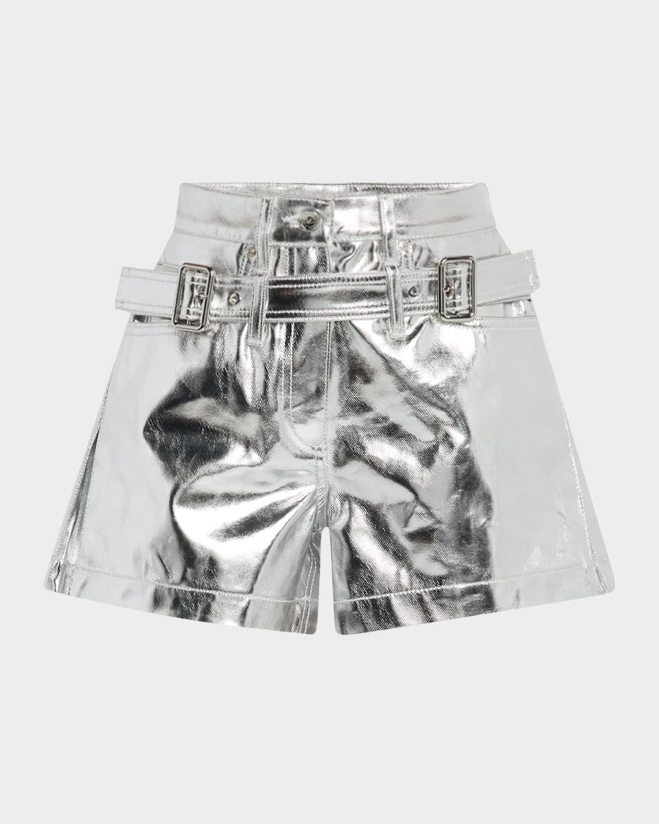 Double-Buckle Metallic Foiled Denim Shorts